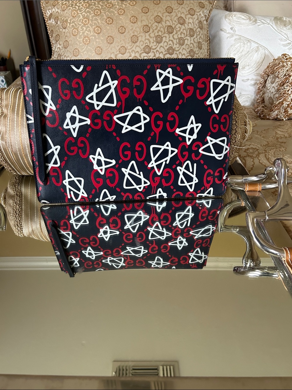Gucci Navy Red & White Star GG Zip Pouch